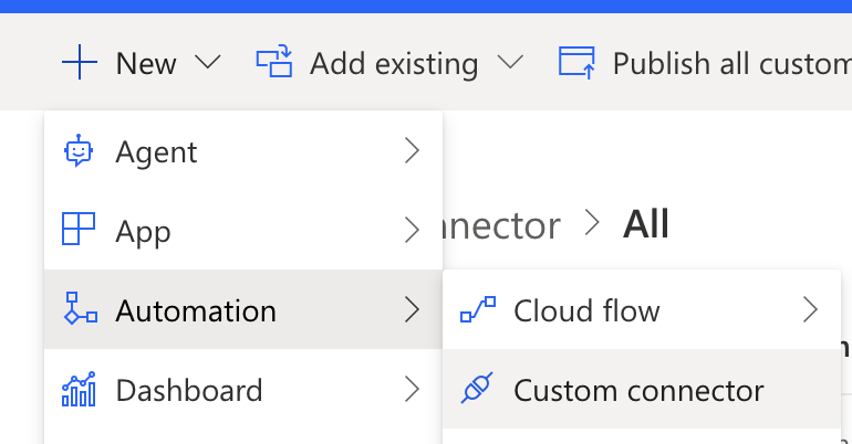 Screenshot vom Erstellen eines Custom Connectors. New, dann Automation und dann Custom Connector auswählen
