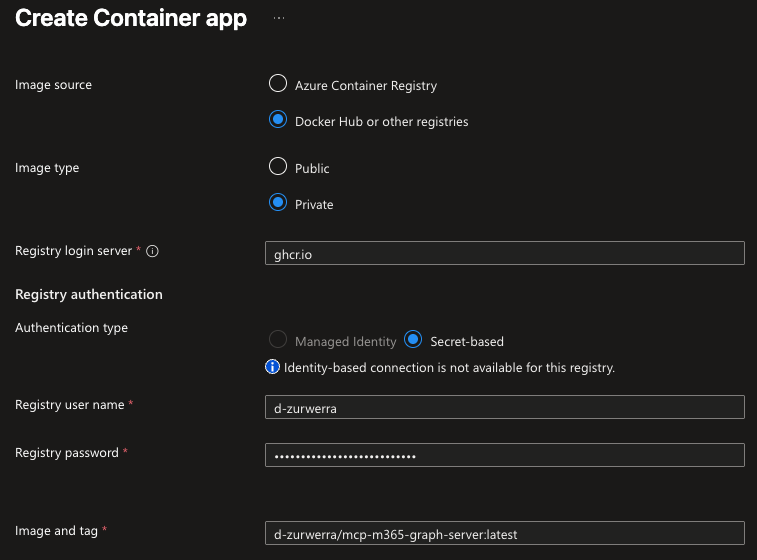 Container konfigurieren Container App Wizard – Tab Container mit korrekt ausgefüllten Registry- und Image-Feldern