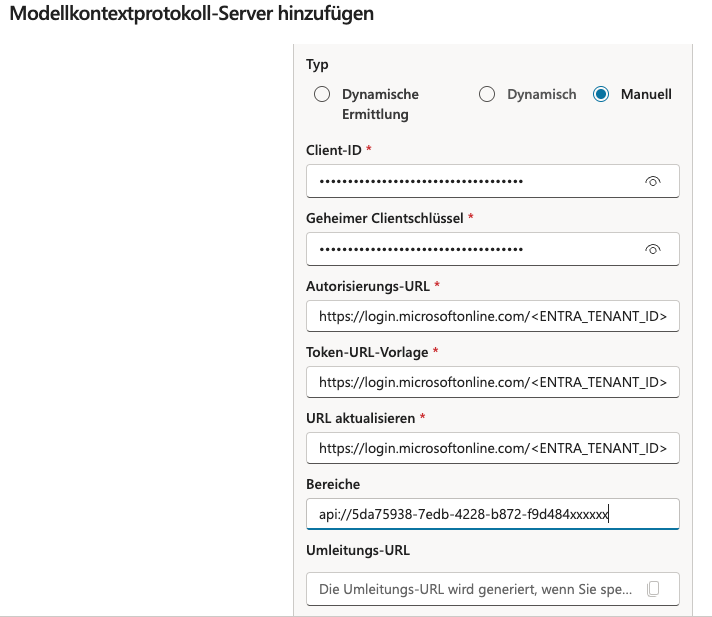 OAuth Konfiguration Copilot Studio – MCP Action OAuth-Formular mit ausgefüllten Feldern