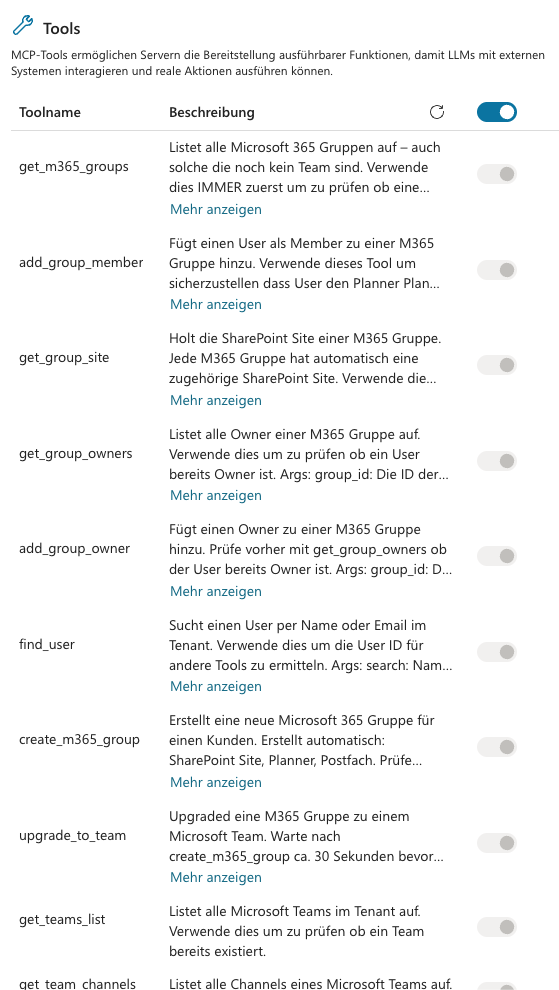Tools aktiviert Copilot Studio – MCP Action mit aufgelöster Tool-Liste (alle aktiviert)