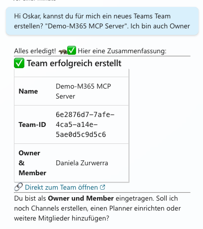 Oskar erstellt eine Teams-Gruppe Oskar in Aktion – z.B. beim Erstellen einer Teams-Gruppe via Chat-Nachricht