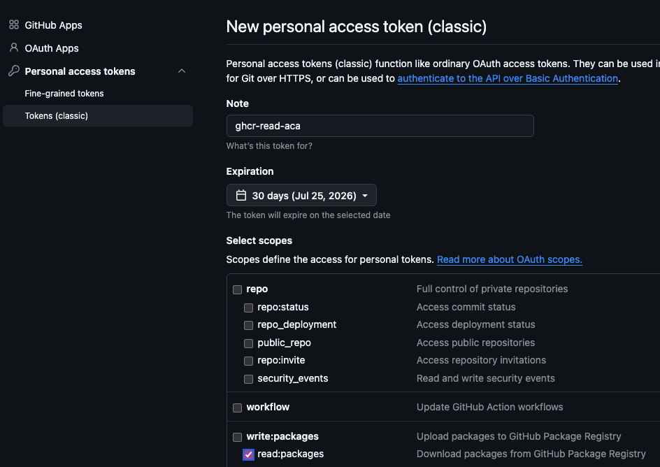 Classic PAT erstellen GitHub – Classic PAT Erstellungsseite mit markiertem read:packages Scope