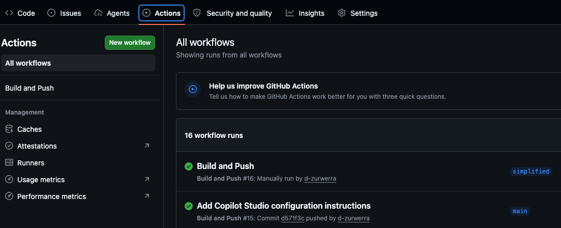 GitHub Actions Build Actions-Tab des Repos mit einem grünen Build – der “es funktioniert”-Beweis.