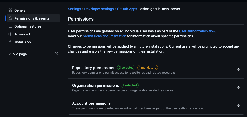 Permissions Ausgefüllte Permissions-Sektion der GitHub App.