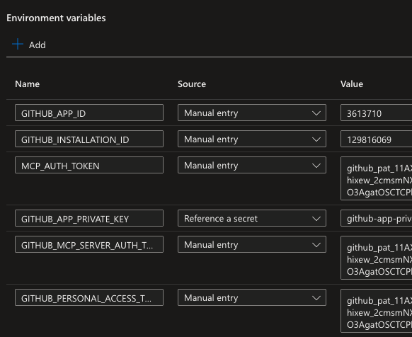 Azure Secret Secrets-Seite der Container App mit dem Private-Key-Secret.