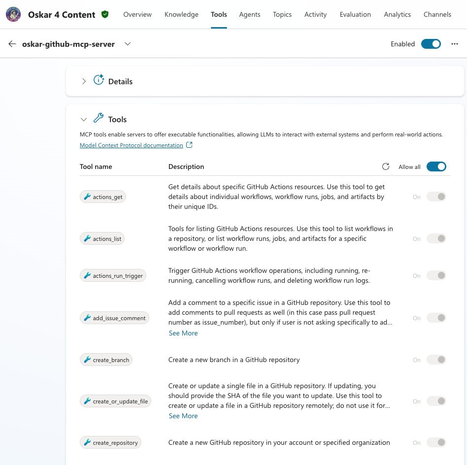 Github MCP Server in Copilot Studio Screenshot des fertig konfigurierten Copilot Studio Agents mit dem angebundenen MCP Tool