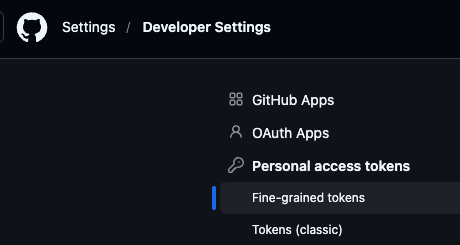 Fine-grained tokens Developer-Settings-Sidebar mit hervorgehobenem Eintrag “Fine-grained tokens”.