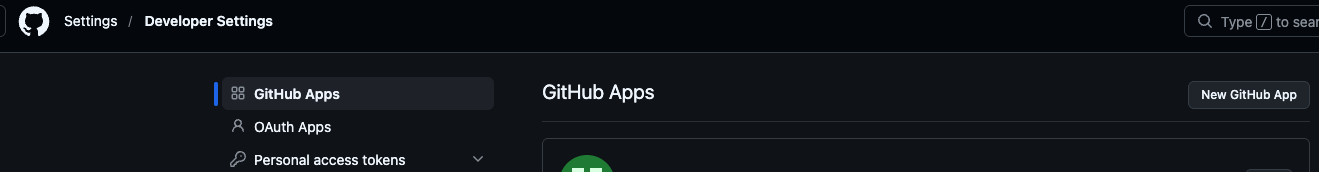 GitHub Apps Menü Settings-Sidebar der Organisation mit dem markierten Eintrag “GitHub Apps” unter “Developer settings”.