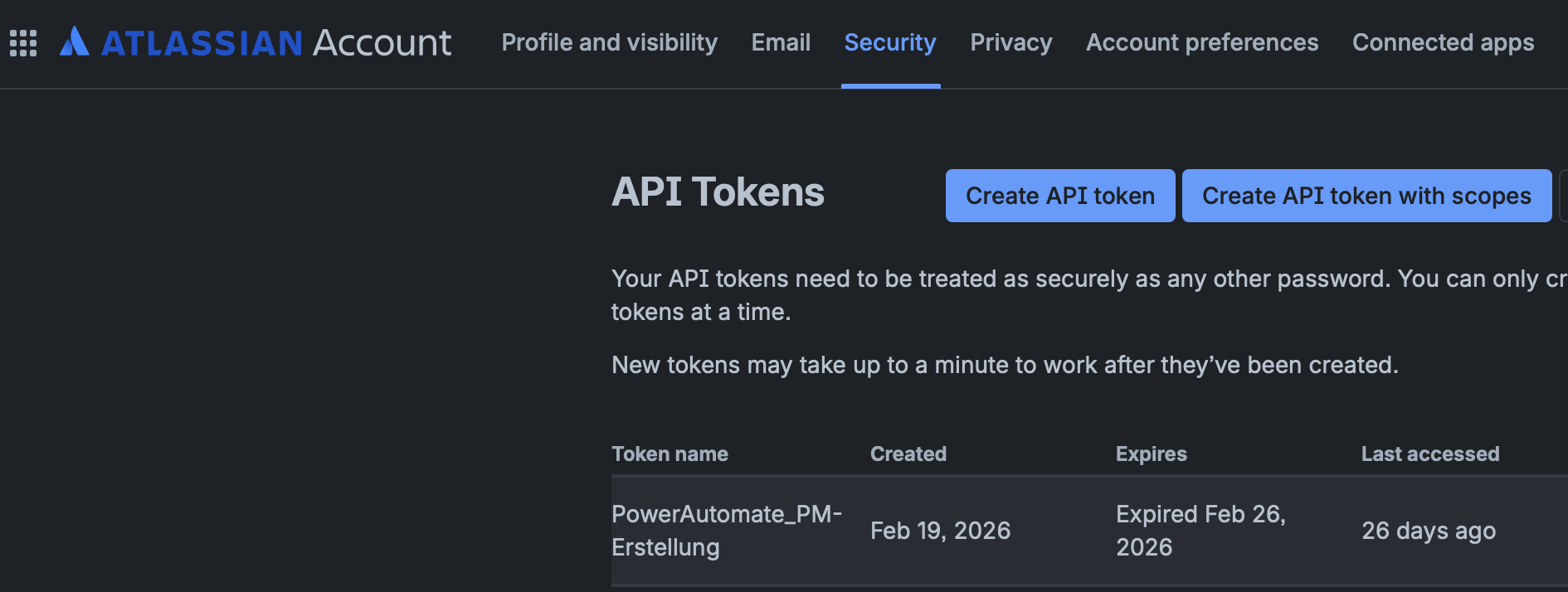 Secret Erstellung über Jira, Accountsettings und Security