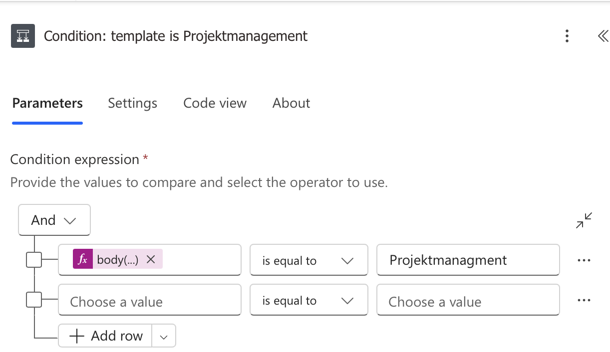 Condition, in der geprüft wird, ob als Antwort &ldquo;Projektmanagement&rdquo; steht