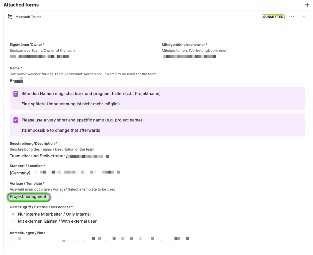 Jira Form, in dem Vorlage, Besitzer etc. abgefragt werden