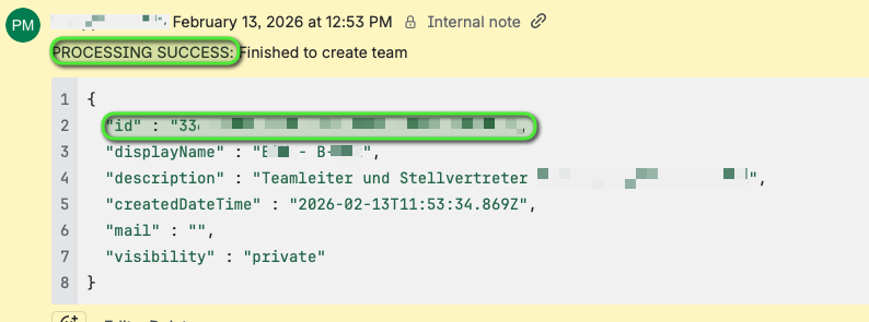 Team erfolgreich erstellt. Inkl. Angaben zu ID, Displayname, Description etc.
