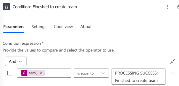 Condition, um zu prüfen, ob im Kommentartitel &ldquo;Porcessing success, Finished to create team&rdquo; enthalten st
