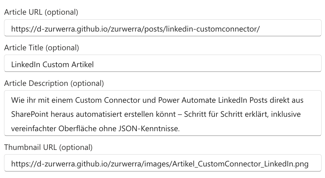 Ausgefüllte Artikelfelder. Einmal mit dem Link zum Artikel, dann einem kurzen Artikel-Titel und zu guter letzt mit einer Beschreibung zum Artikel