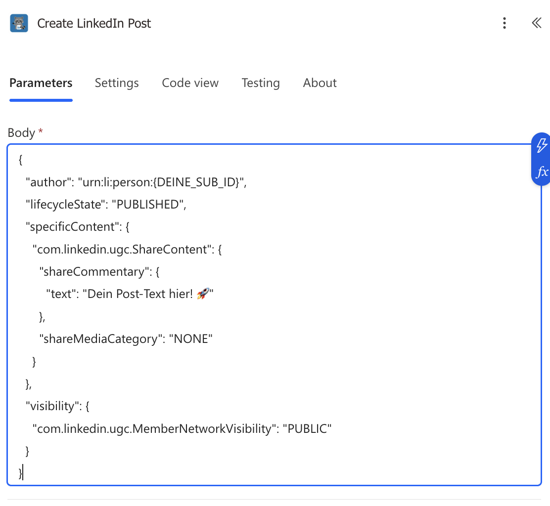 Screenshot der CreatePost Aktion