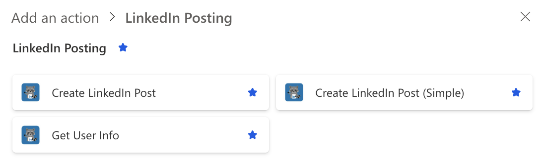 Es werden die drei erstellten Aktionen angezeigt. Hier dann die Aktion Get User Info auswählen