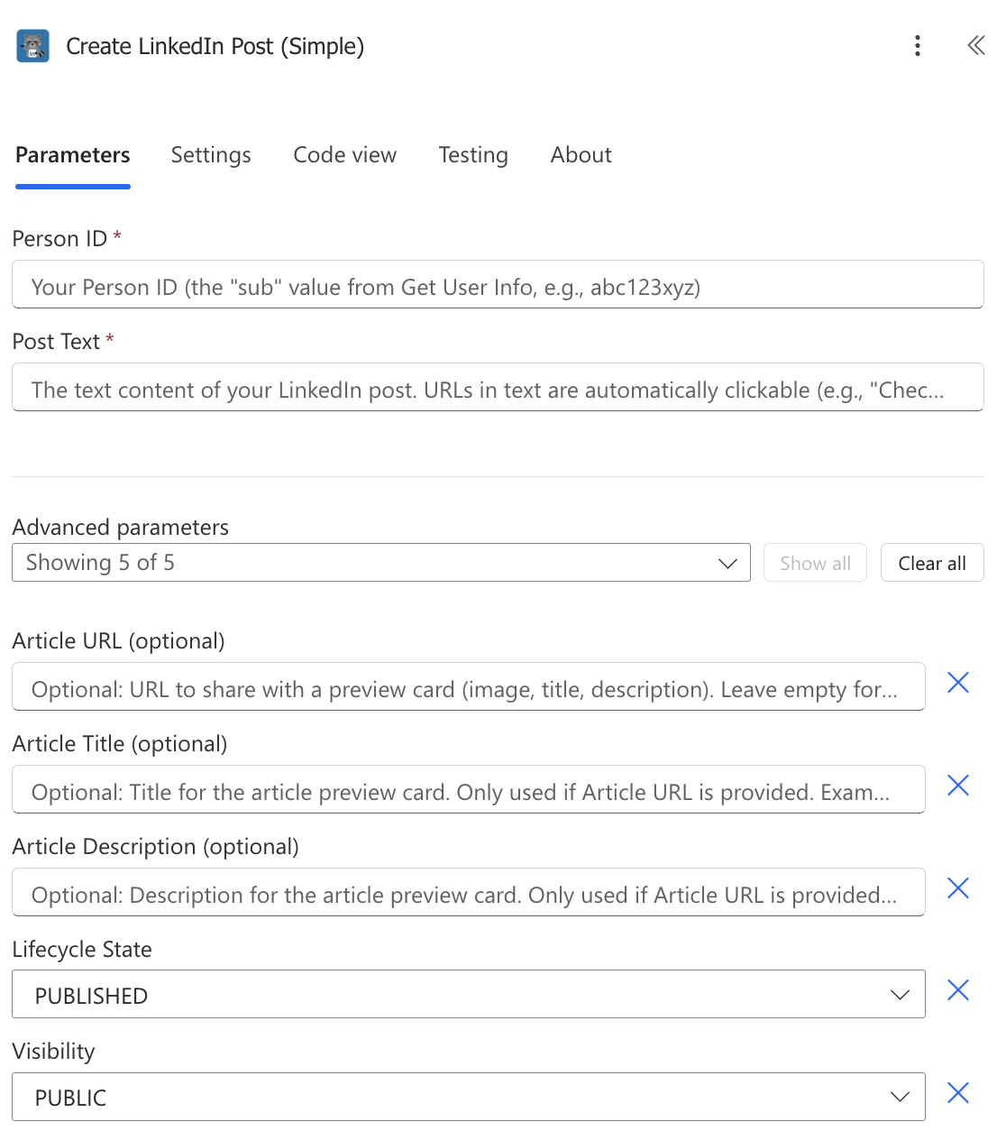 Screenshot der Aktion CreatePost Simple.