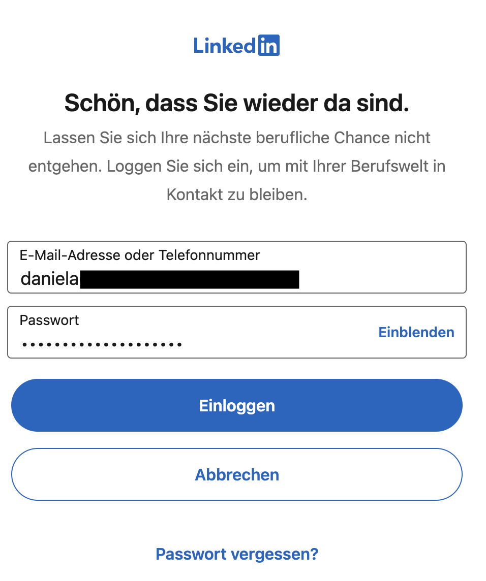 LinkedIn Loginfenster, mit dem die Connection erstellt wird